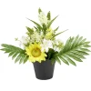 Composition florale artificielle pot tournesol/delphinium/échinops 14 tiges