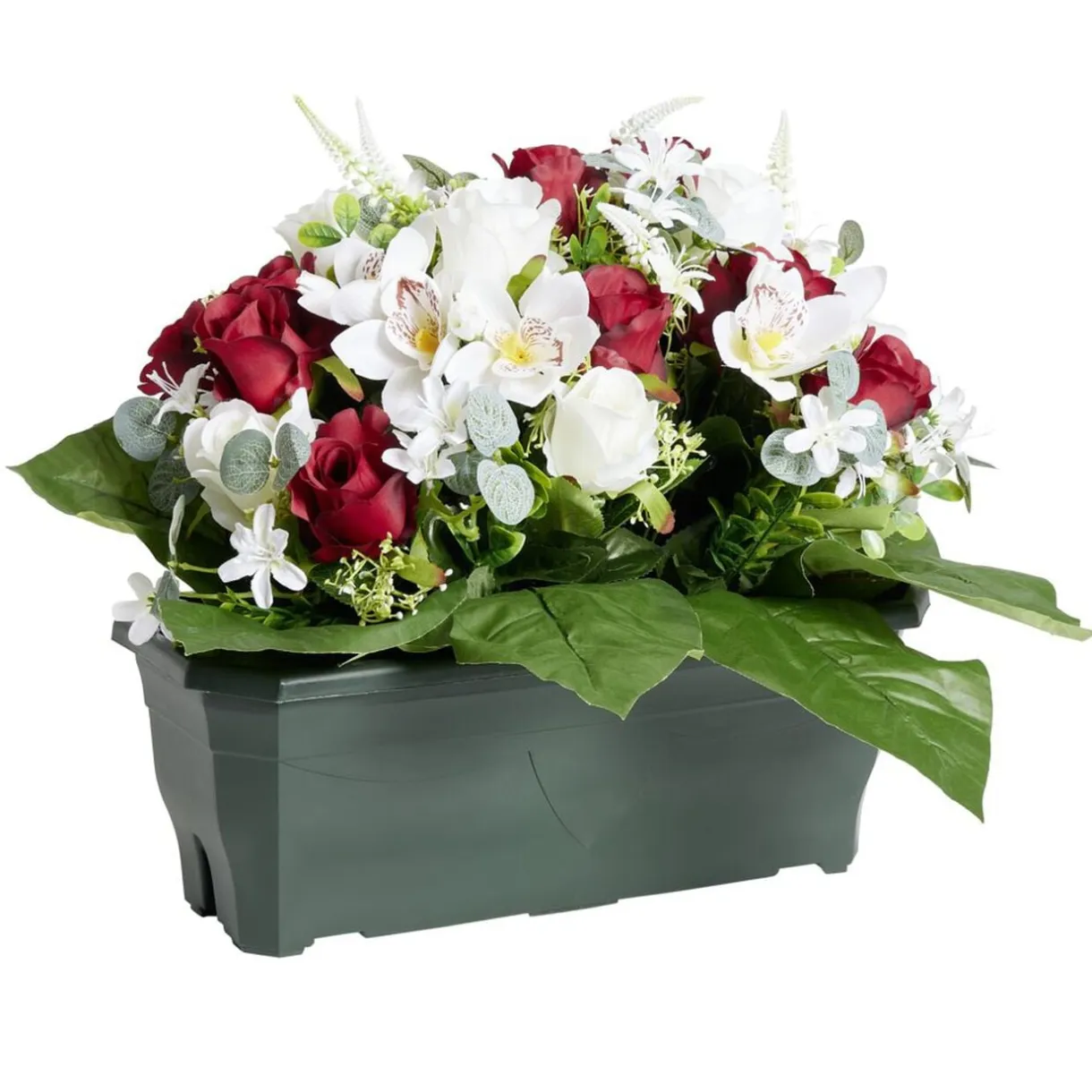 Composition florale artificielle rose orchidée bruyère rouge jardinière H42cm < Gifi Online