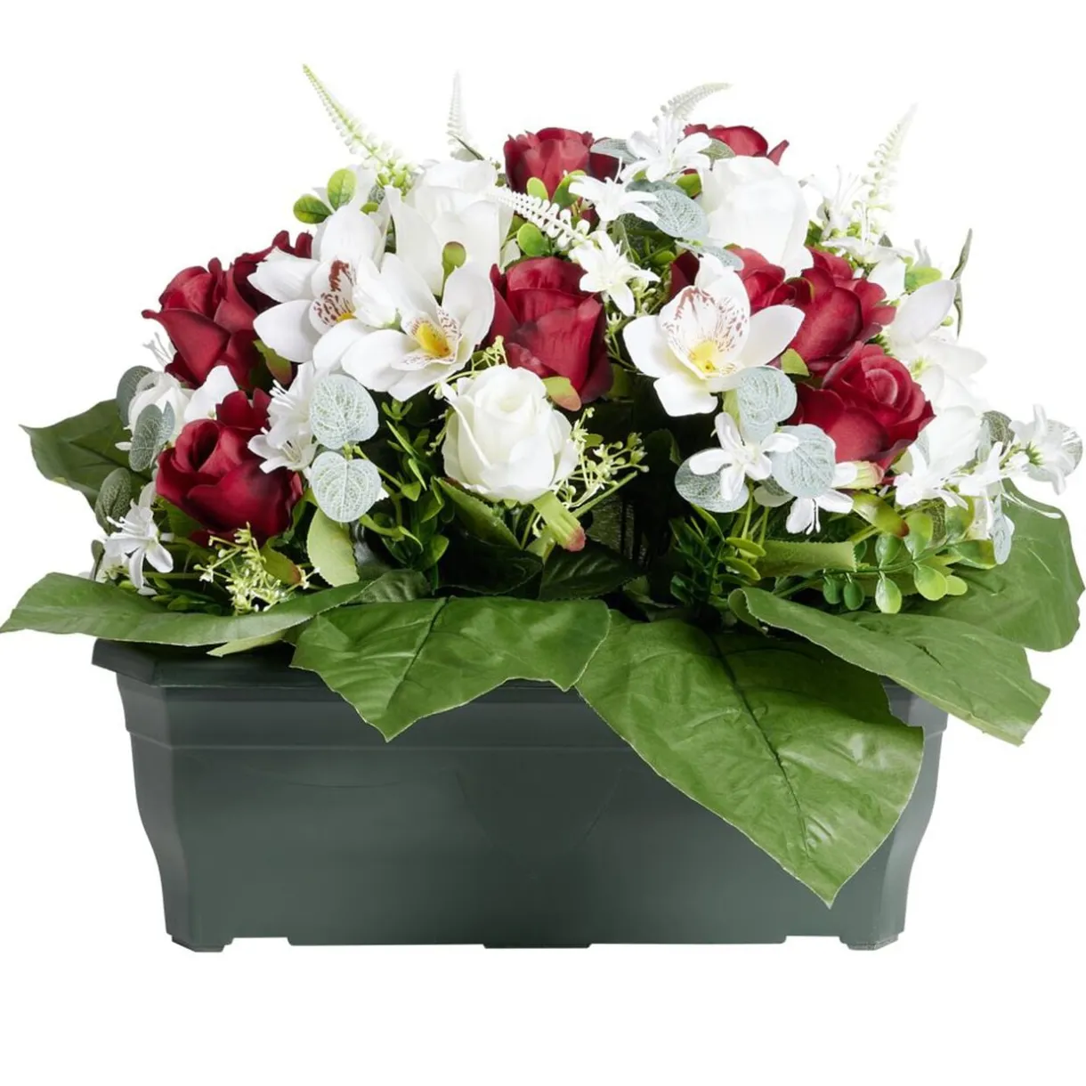 Composition florale artificielle rose orchidée bruyère rouge jardinière H42cm < Gifi Online