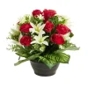Composition florale artificielle roses rouges lys eucalyptus vasque Ø38xH35cm < Gifi Discount