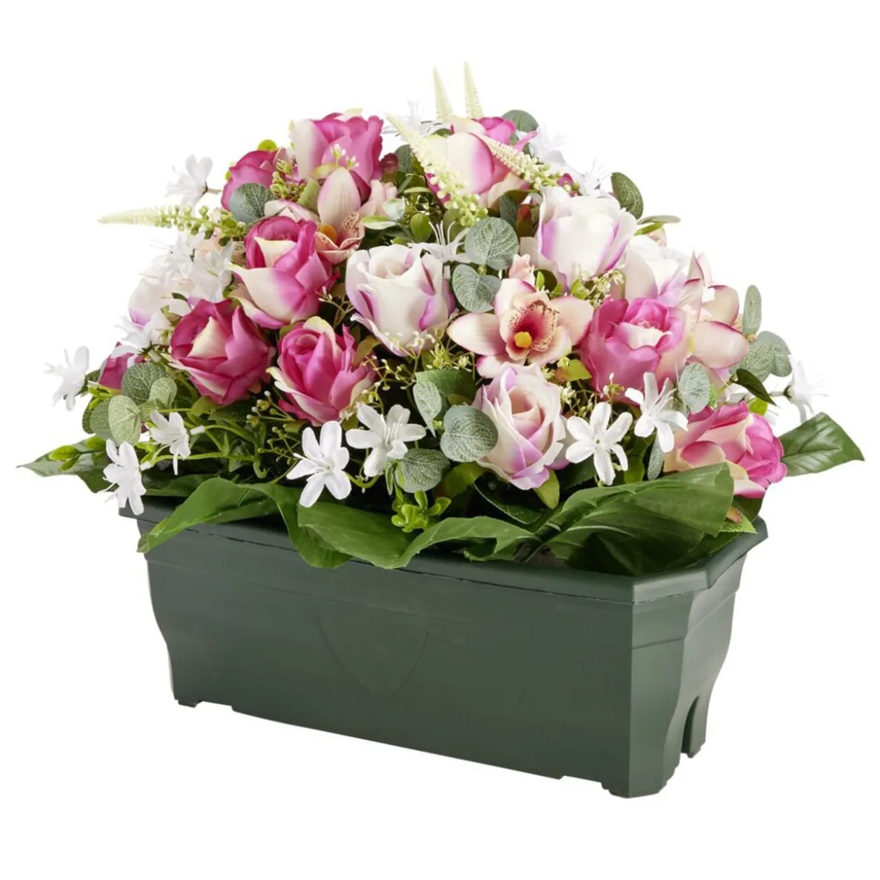Composition florale artificielle rose orchidée bruyère jardinière L50xH42cm