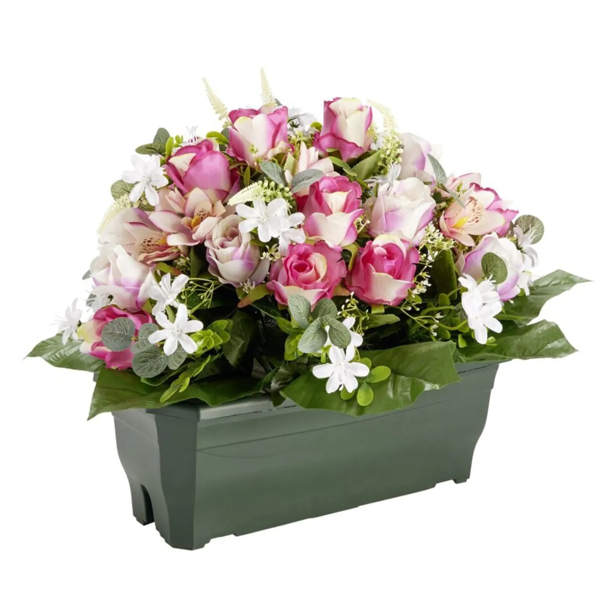 Composition florale artificielle rose orchidée bruyère jardinière L50xH42cm