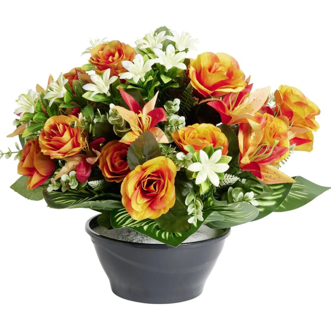 Composition florale artificielle lys rose eucalyptus orange vasque Ø38xH35cm