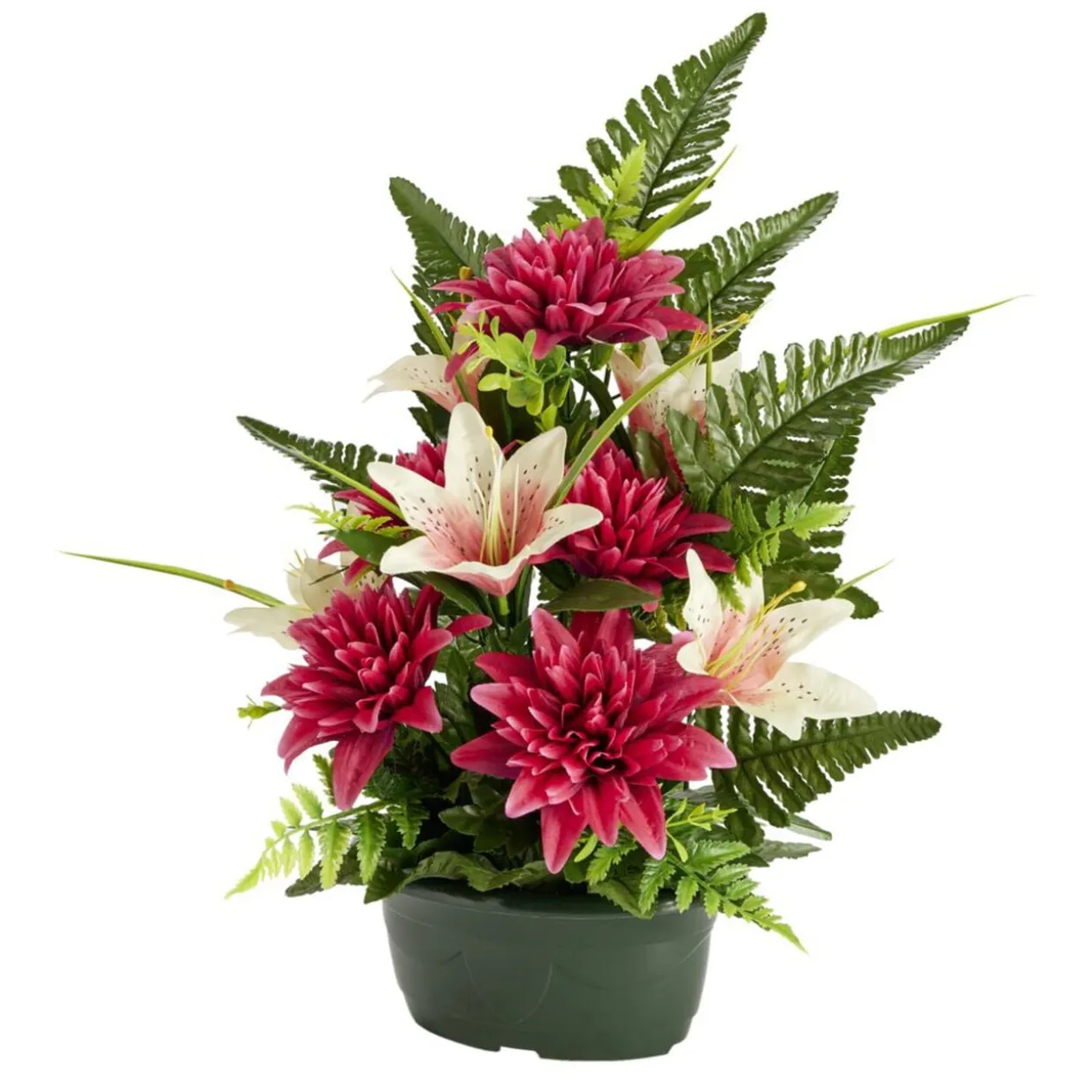 Composition florale artificielle dahlias et lys rouges jardinière L37xH45cm