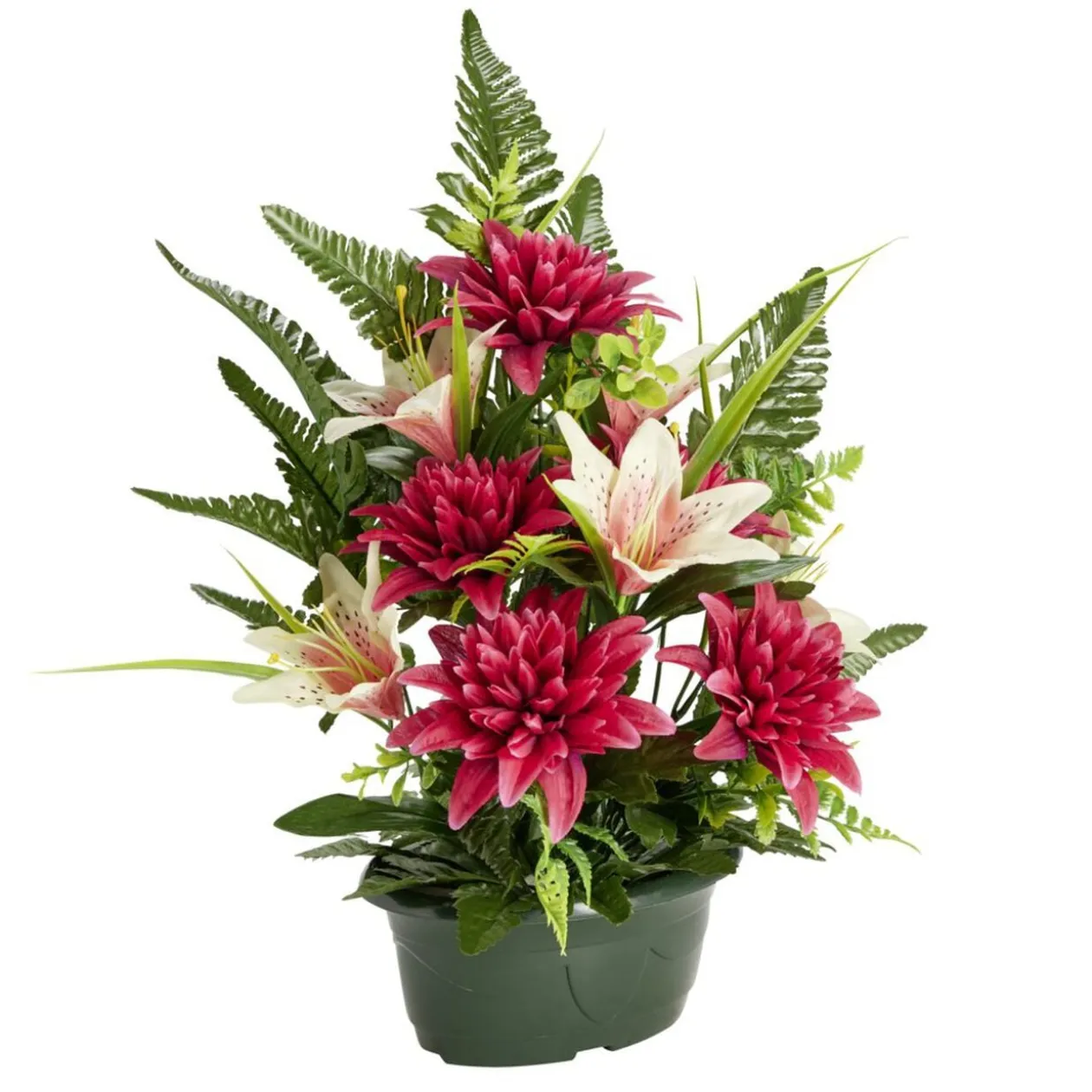 Composition florale artificielle dahlias et lys rouges jardinière L37xH45cm