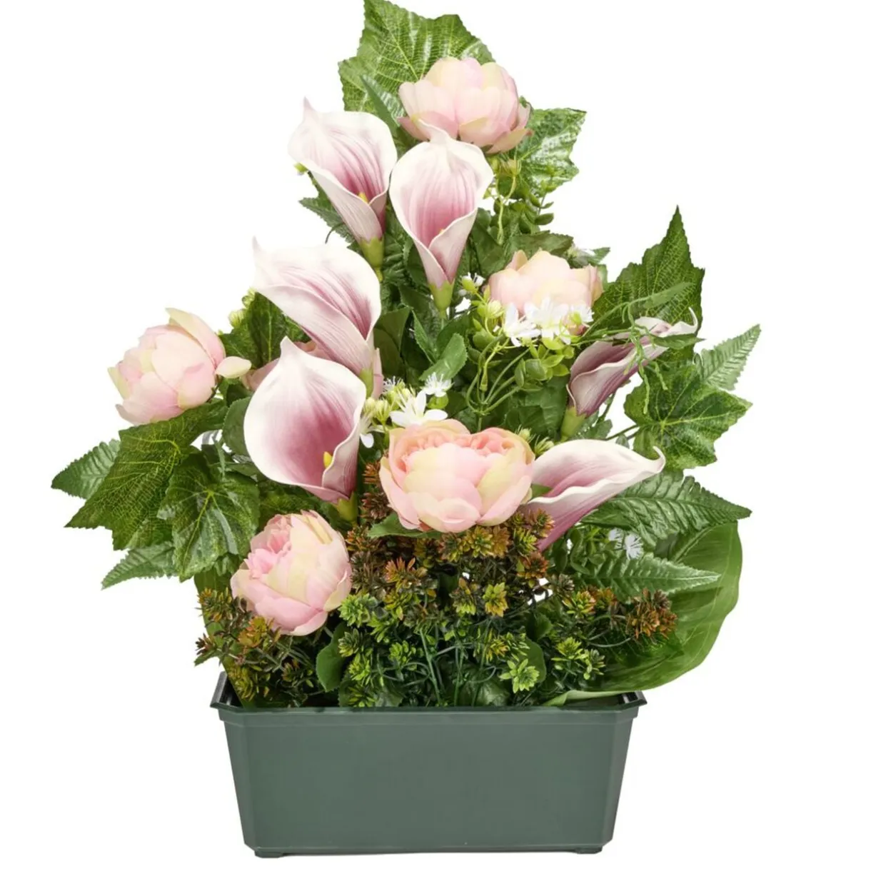 Composition florale jardinière pivoines arums buis lierre 50x10xH64cm (3 modèles) < Gifi Outlet