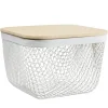 Corbeille cuisine 2L métal grillagé blanc avec couvercle bambou 15x15xH11cm