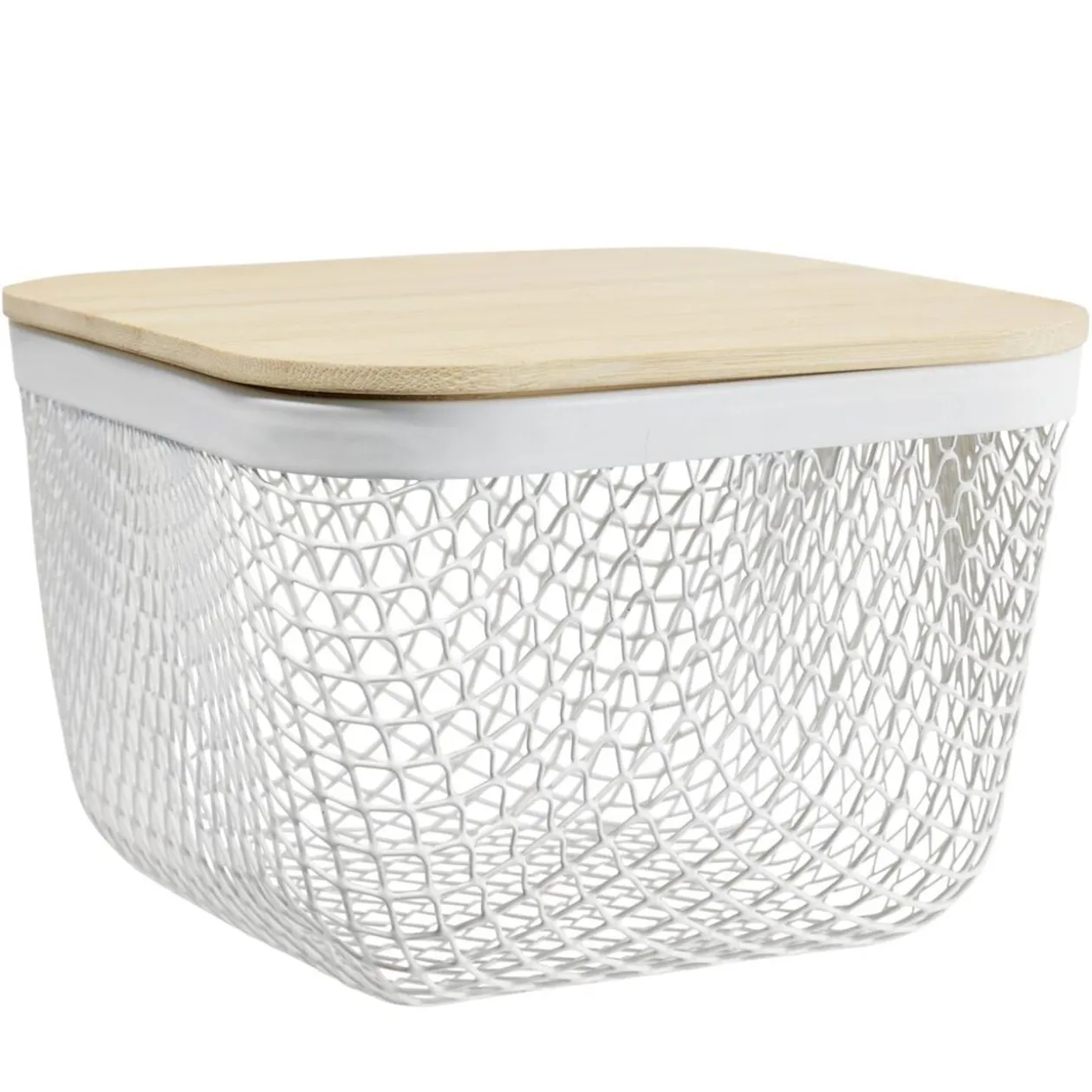 Corbeille cuisine 2L métal grillagé blanc avec couvercle bambou 15x15xH11cm