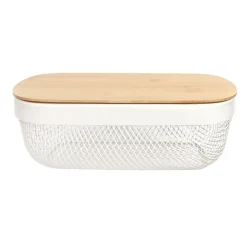 Corbeille cuisine 3L métal grillagé blanc avec couvercle bambou 28x18xH9cm < Gifi New
