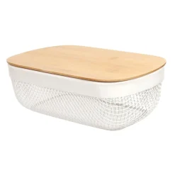 Corbeille cuisine 3L métal grillagé blanc avec couvercle bambou 28x18xH9cm < Gifi New