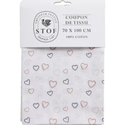 Coupon tissu imprimé coeurs 70x100cm coton blanc