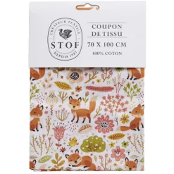 Coupon tissu imprimé Foxy Roux 70x100cm coton blanc, rose et orange