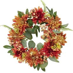 Couronne de fleurs artificielles dahlia et gypsophile orange Ø30cm