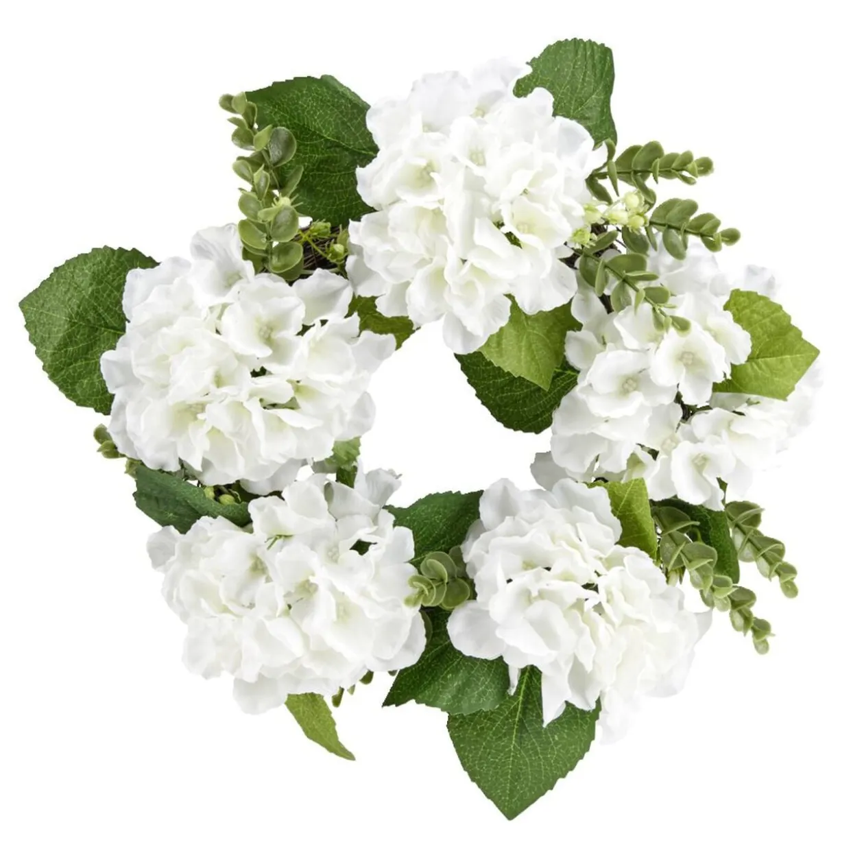 Couronne d'hortensias et feuillage 5 tiges Ø38cm