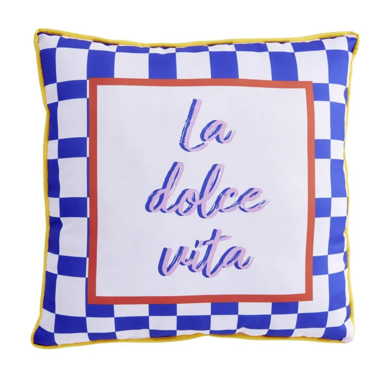 Coussin carré inscription La Dolce Vita bleu et blanc 40x40cm