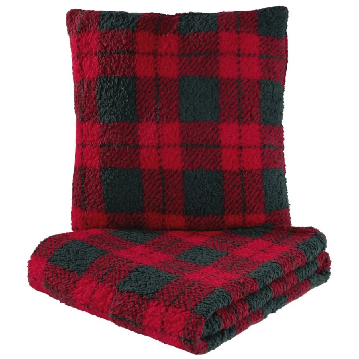 Coussin carré L45X45 cm et plaid L160X130 cm motif assorti polyester (3 modèles rouge/beige/vert)