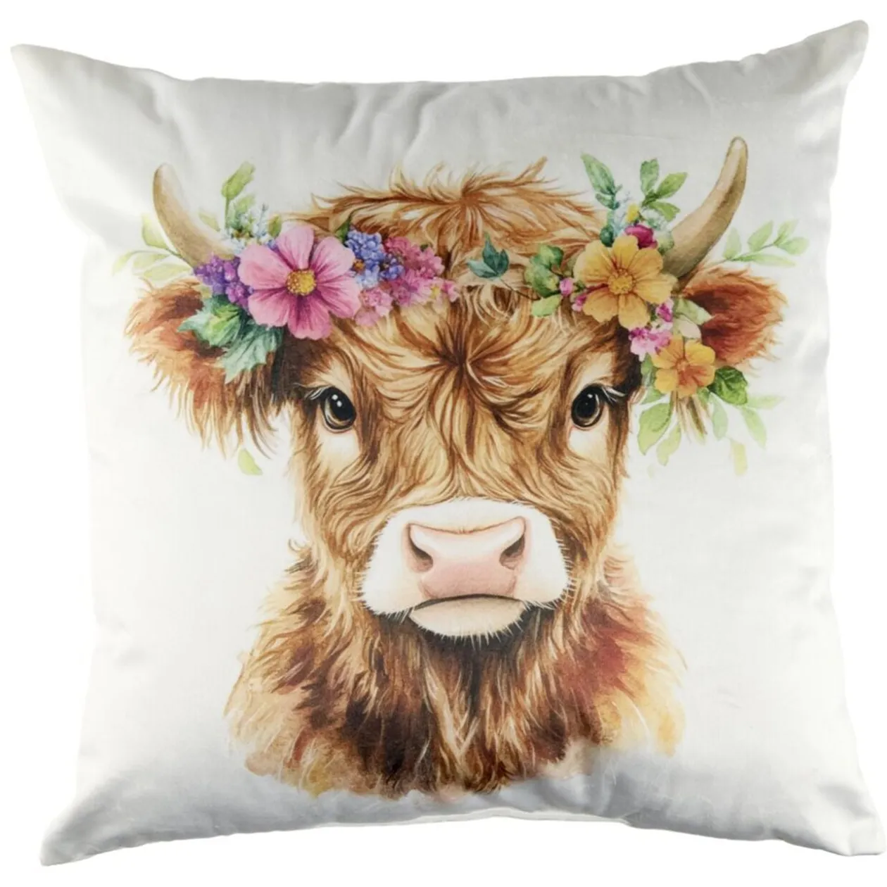 Coussin carré vache Highland avec fleurs velours imprimé 45x45cm