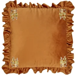 Coussin carré à volant angles fleurs brodées 40x40cm (2 modèles marron ou vert)