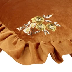 Coussin carré à volant angles fleurs brodées 40x40cm (2 modèles marron ou vert)
