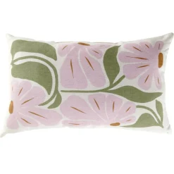 Coussin déco rectangulaire blanc motif floral rose et vert 30x50cm