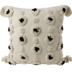 Coussin déco tufté pompons beige et noir < Gifi Outlet