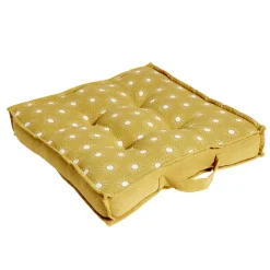 Coussin de sol carré jaune moutarde motifs pois blancs 40x40cm