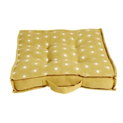 Coussin de sol carré jaune moutarde motifs pois blancs 40x40cm