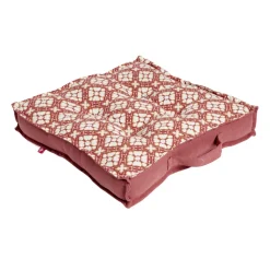 Coussin de sol carré rouge terracotta motifs blancs 40x40cm