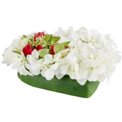 Coussin en forme de coeur hortensias blancs et roses rouges 35x40cm