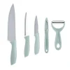 Couteau de cuisine x3 et éplucheur x2 inox (2 modèles vert céladon ou rose)