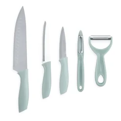 Couteau de cuisine x3 et éplucheur x2 inox (2 modèles vert céladon ou rose)