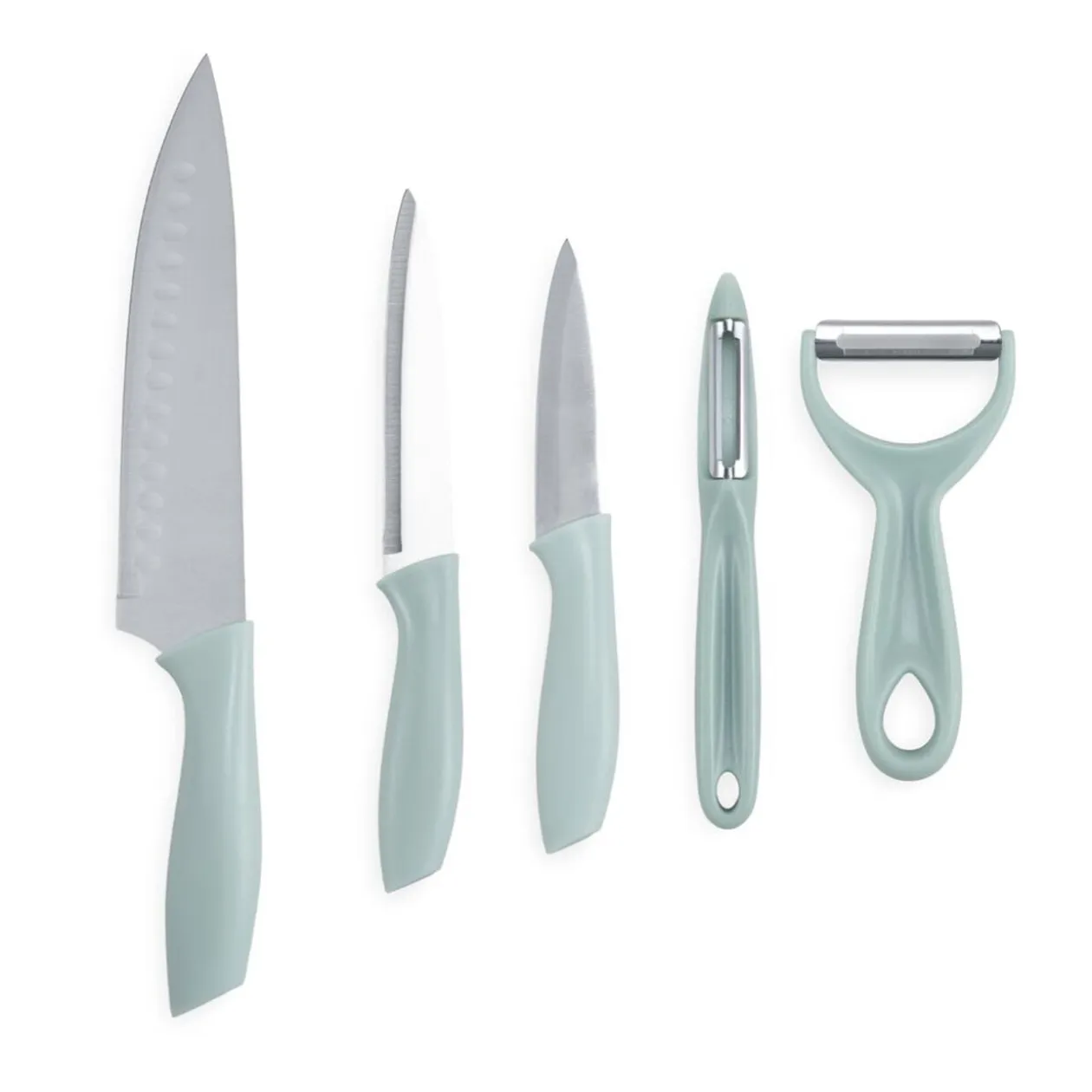 Couteau de cuisine x3 et éplucheur x2 inox (2 modèles vert céladon ou rose)