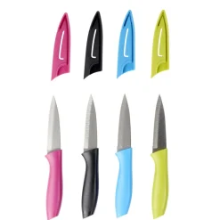 Couteau de cuisine x4 lame inox manche plastique coloré et étuis L19,5cm
