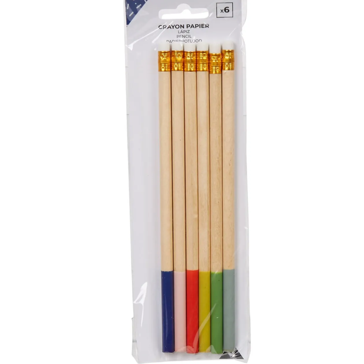 Crayon à papier bois multicolore avec gomme x6