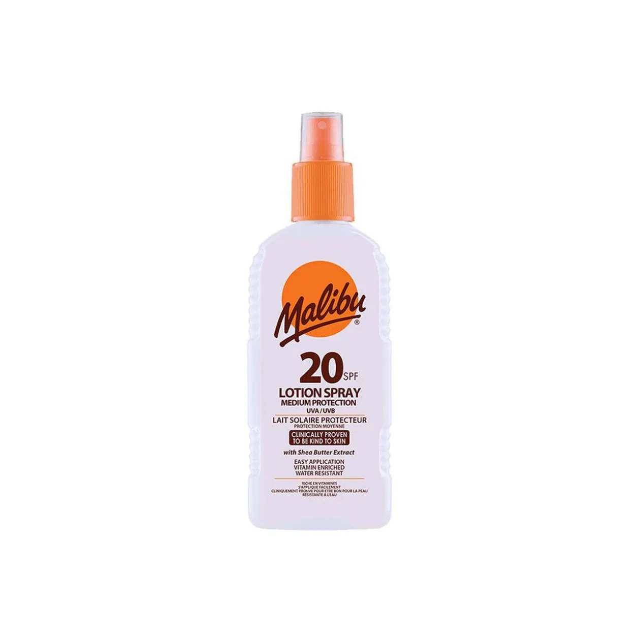 Crème solaire SPF20 moyenne protection Malibu lotion spray 200ml