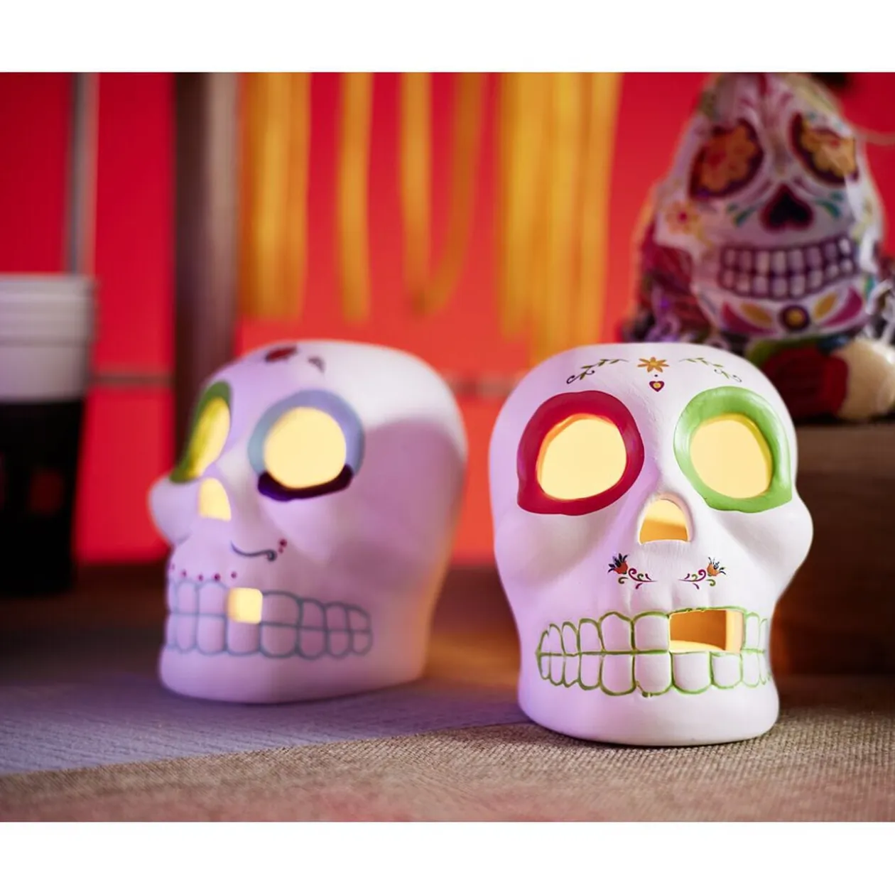 Crâne décoration Halloween en dolomite style mexicain 7x8xH10cm