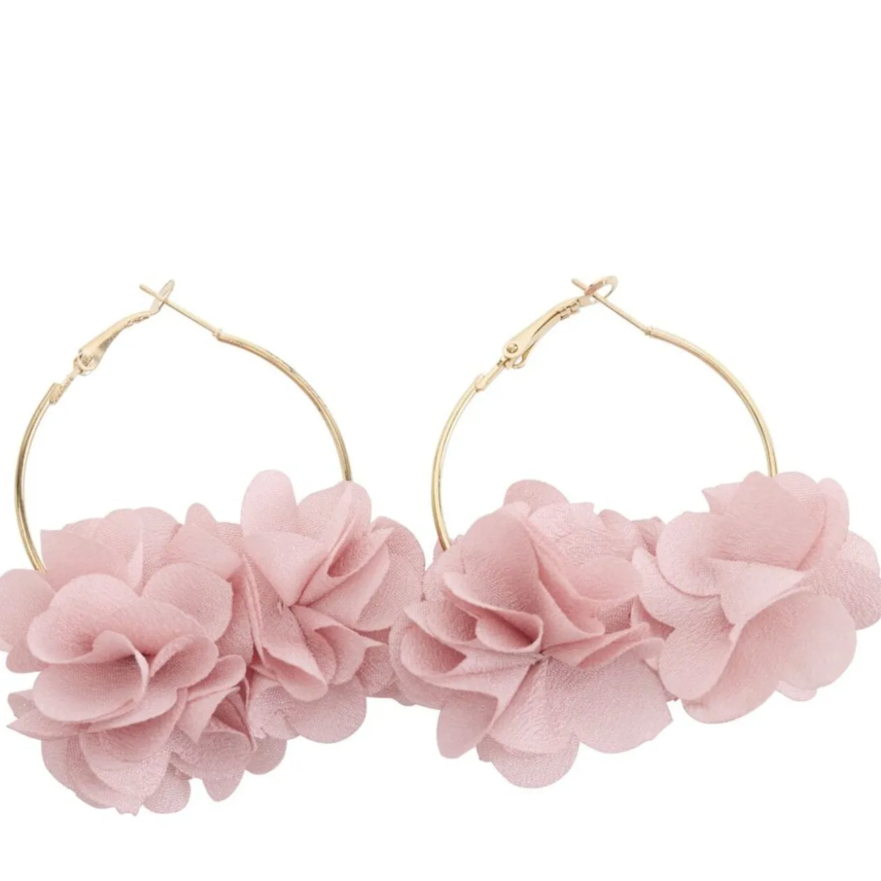 Créoles métal doré avec fleur tissu rose Ø3,5cm