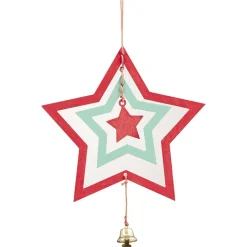 Décoration de Noël bois 3D forme étoile rouge et verte avec clochette