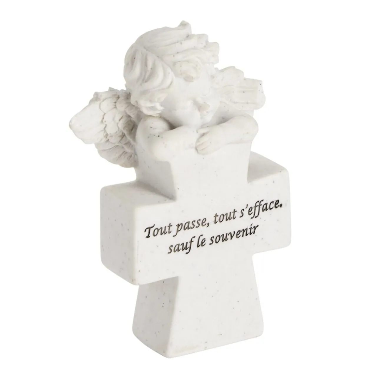Décoration funéraire ange pensif sur croix polyrésine 12x5xH17cm