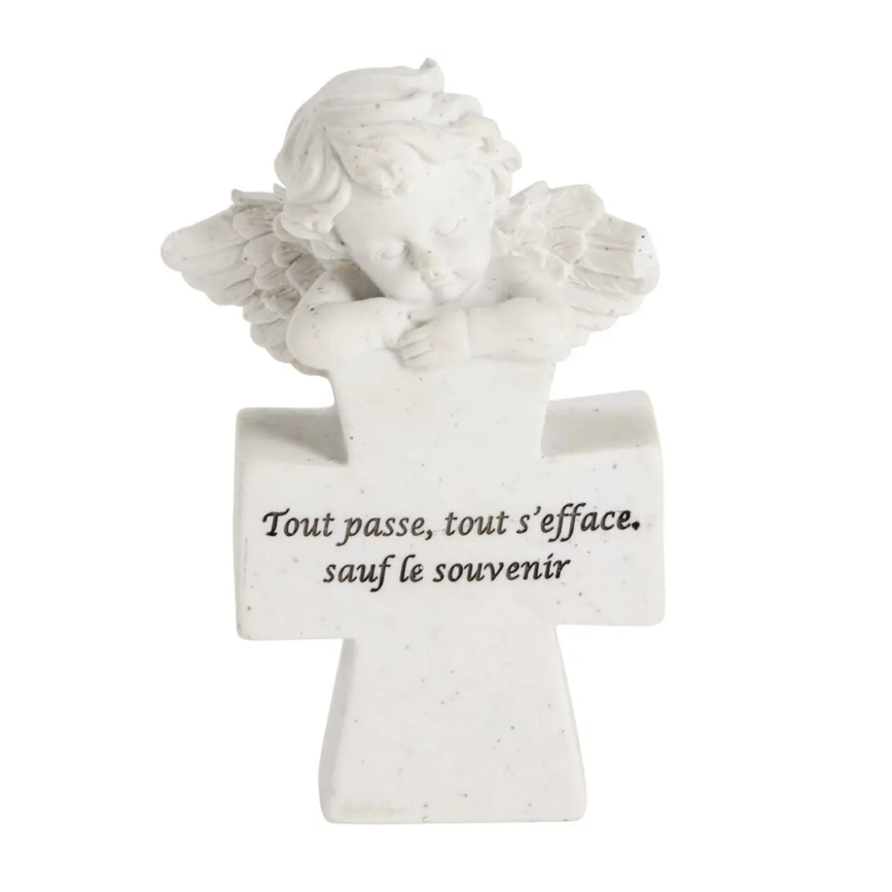 Décoration funéraire ange pensif sur croix polyrésine 12x5xH17cm