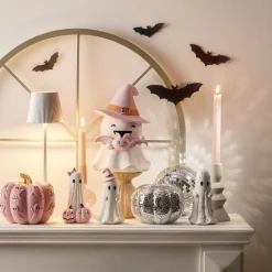 Décoration Halloween citrouille fantômes relief résine rose Ø16xH13,5cm
