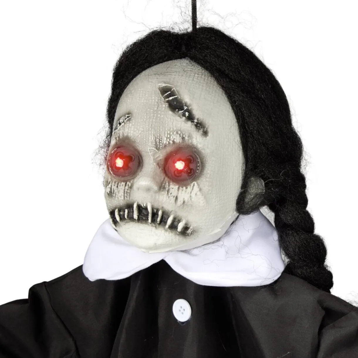 Décoration Halloween à suspendre poupée cicatrice son et lumière noir yeux rouges H90cm < Gifi Online