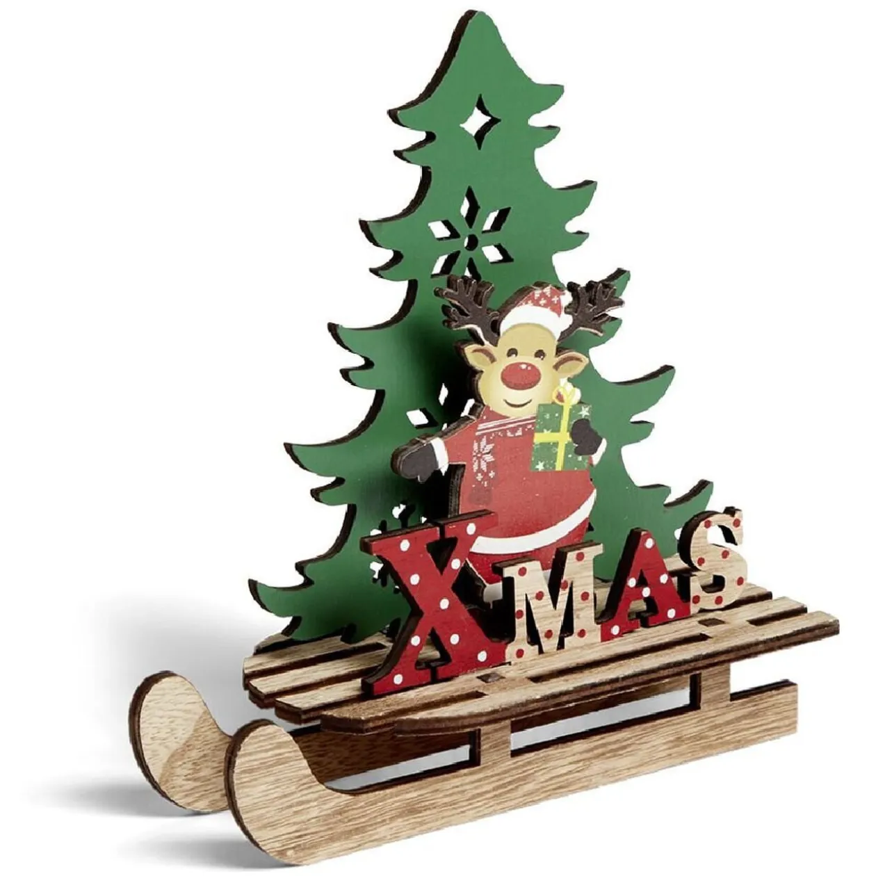 Décoration Noël à poser en bois luge avec Père Noël ou renne H19cm