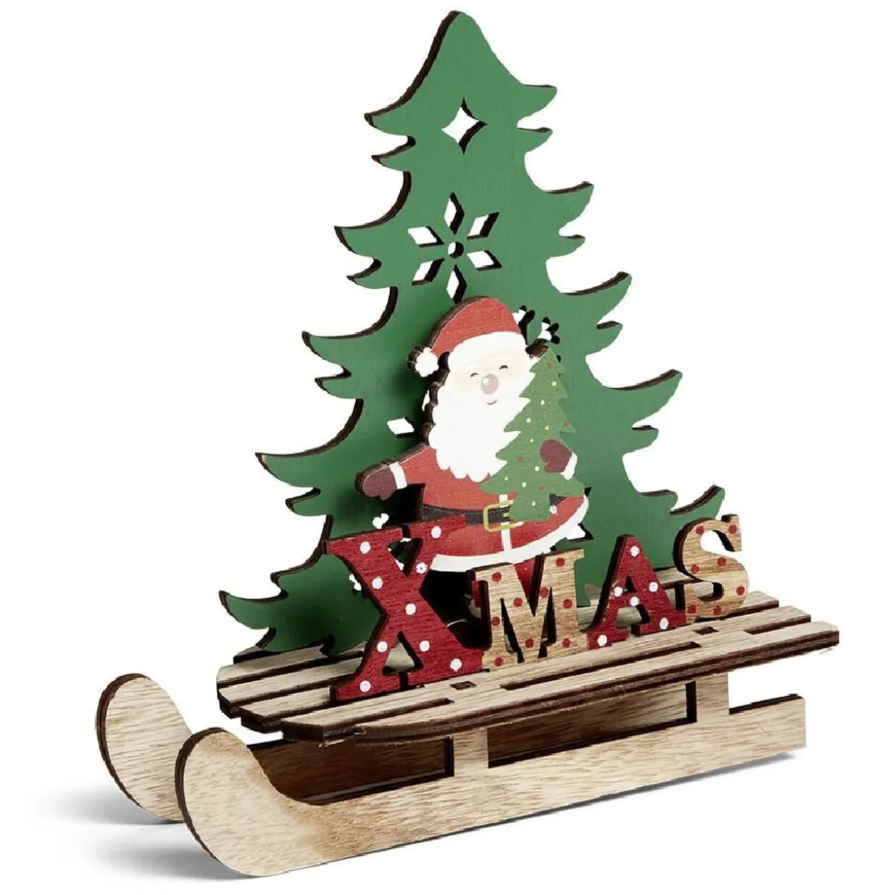 Décoration Noël à poser en bois luge avec Père Noël ou renne H19cm