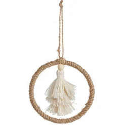 Décoration pompon dans cercle à suspendre beige Ø10cm