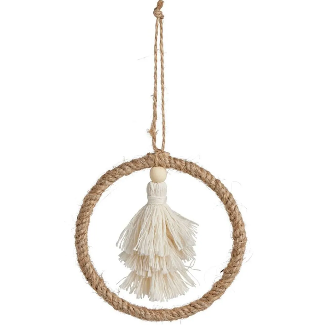 Décoration pompon dans cercle à suspendre beige Ø10cm