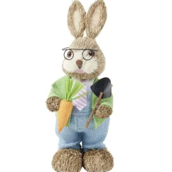 Décoration à poser lapin fermier en paille avec accessoires H32cm (2 modèles)