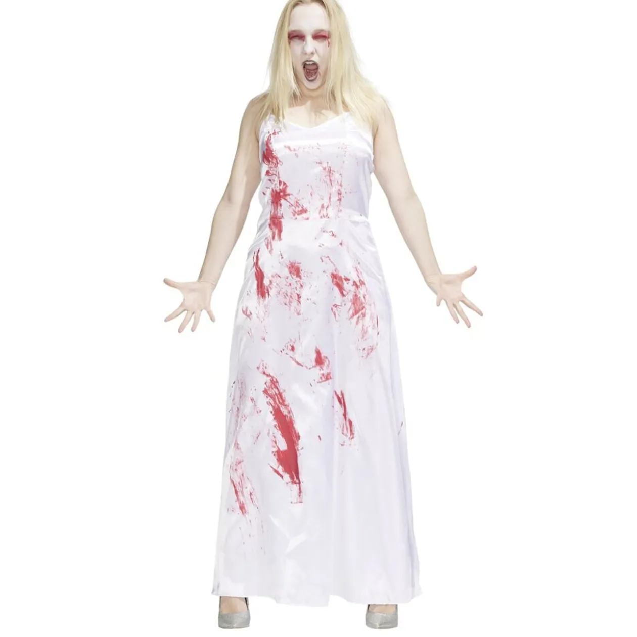 Déguisement Halloween adulte robe de mariée ensanglantée blanc et rouge