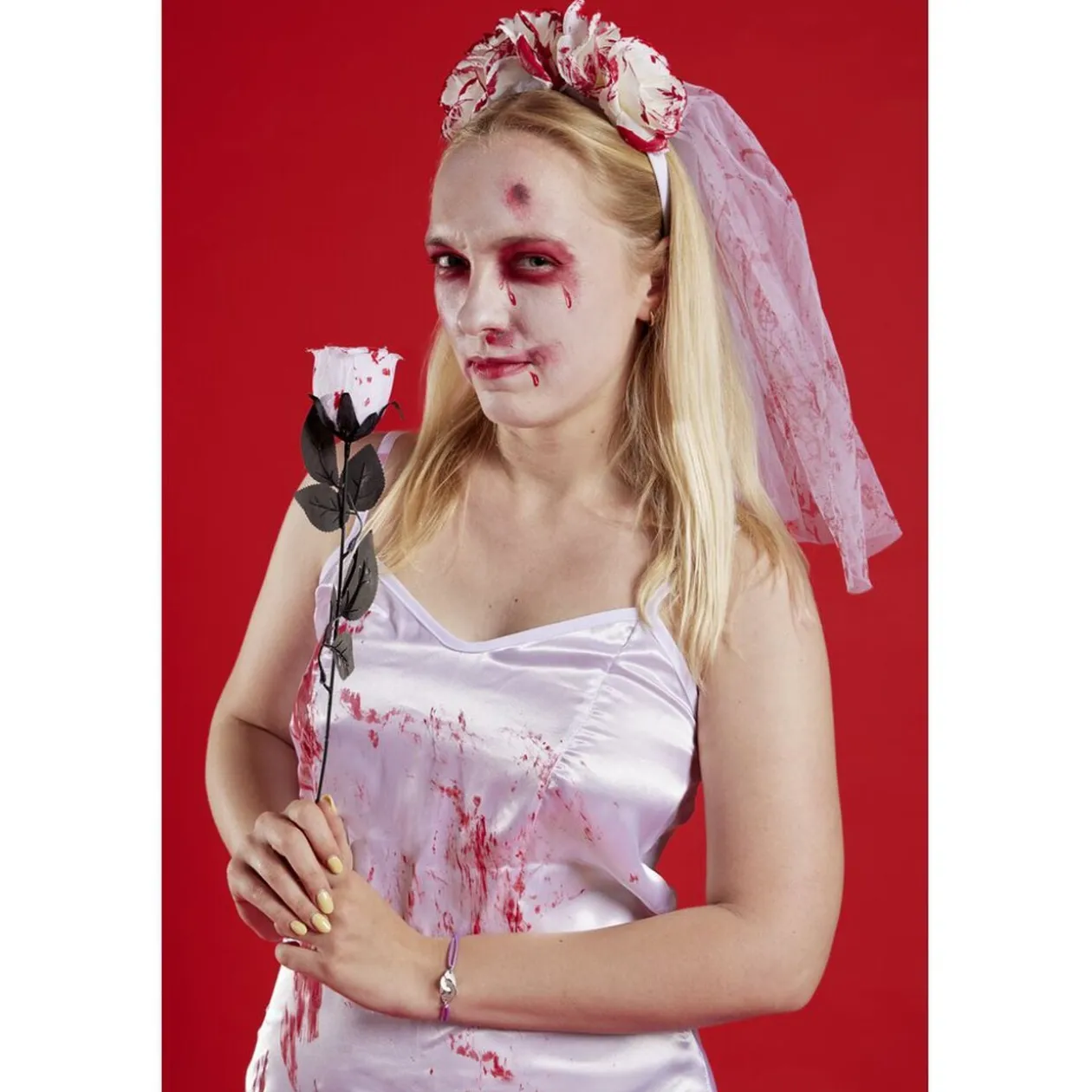 Déguisement Halloween adulte robe de mariée ensanglantée blanc et rouge