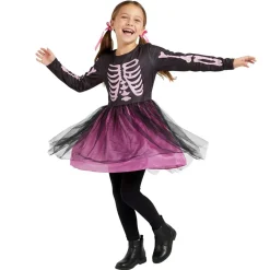 Déguisement Halloween enfant fille robe squelette polyester rose et noir 4/6ans